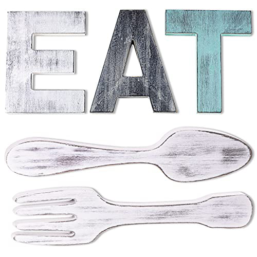 Rustic Wall Art EAT Decoration Fork and Spoon Kitchen Wall Decoration Cute Eating Letters for Kitchen and Family Decorative Hanging Wooden Letters A Set of EAT Logo 